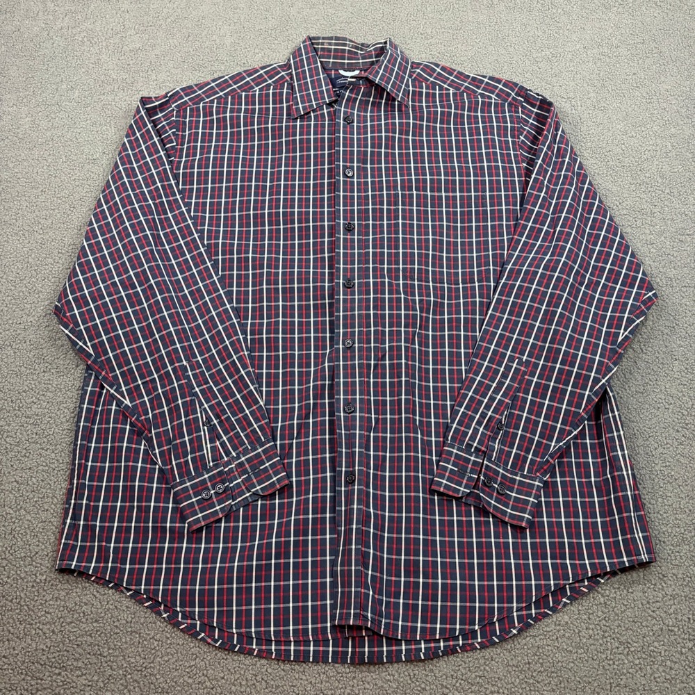 Roundtree & Yorke Button Down Mens XLT Blue Red Plaid 80s Two-Ply Fabric Shirt